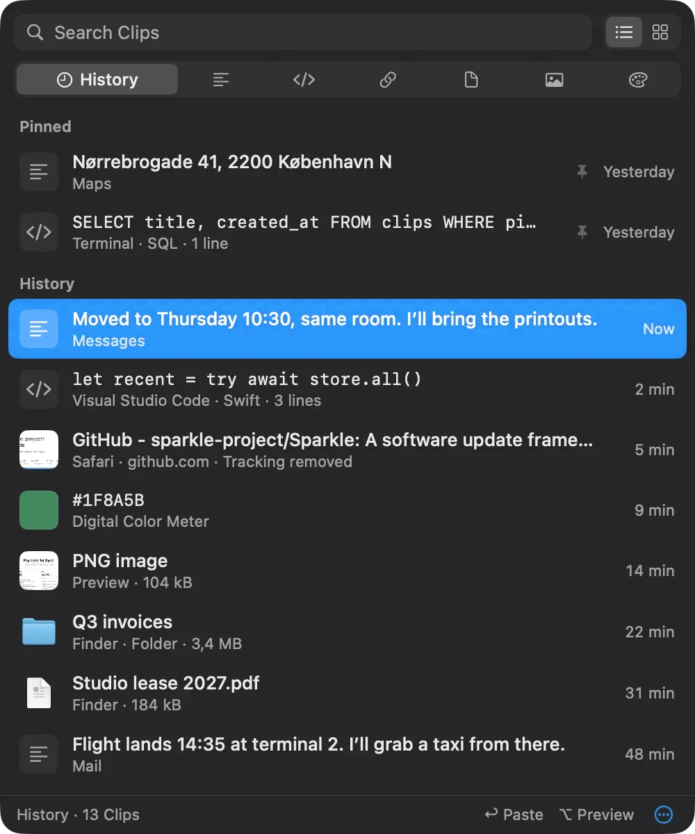 The CopyHop panel on a Mac: a search field, the History and Category tabs, two pinned Clips, then recent Clips including a message, Swift code, a GitHub link with its page image, a colour, a screenshot, a folder and a PDF.