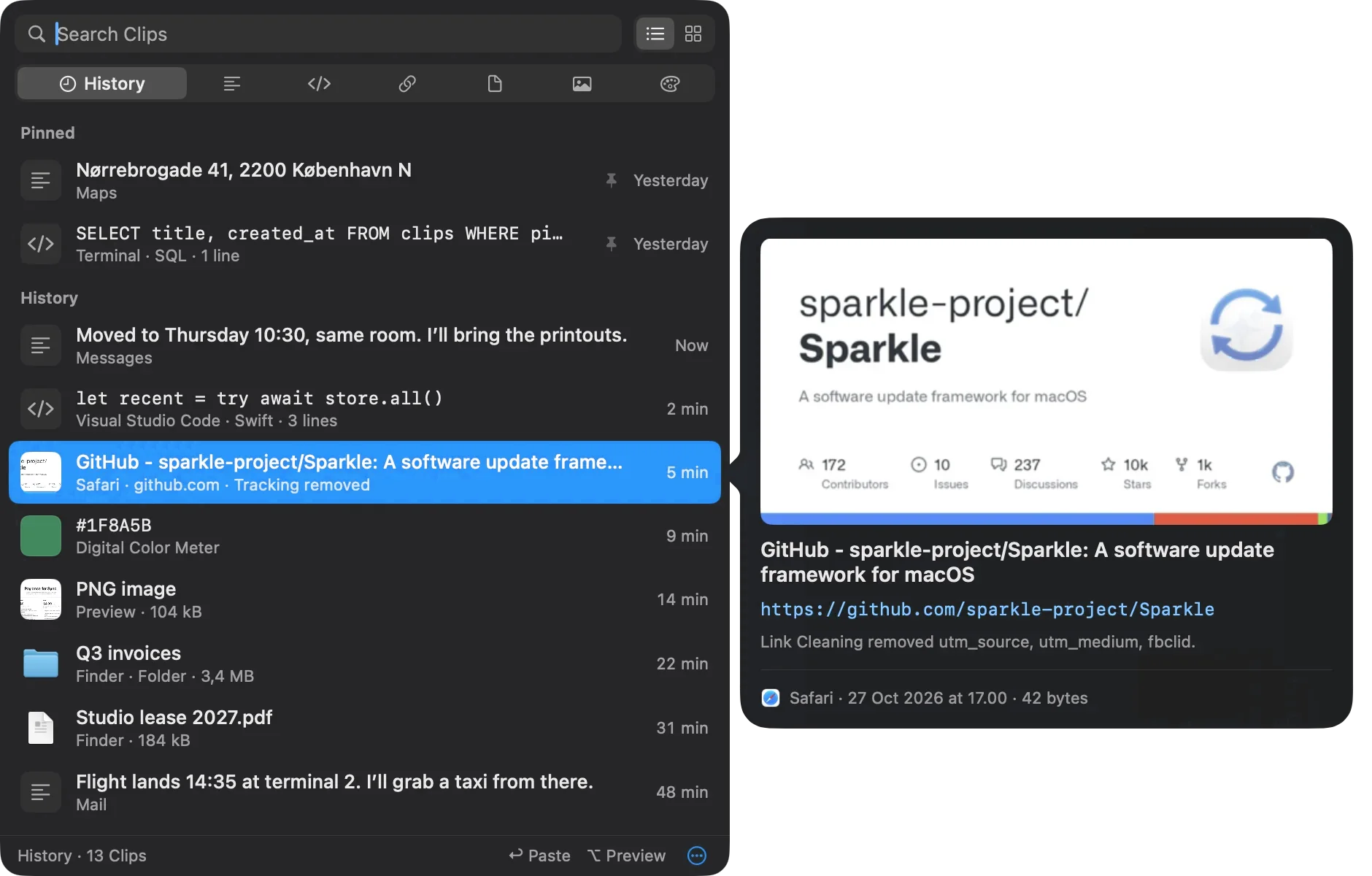 The CopyHop panel with Option held over a GitHub link: the preview shows the page image, its title, the clean URL and the tracking parameters Link Cleaning removed.