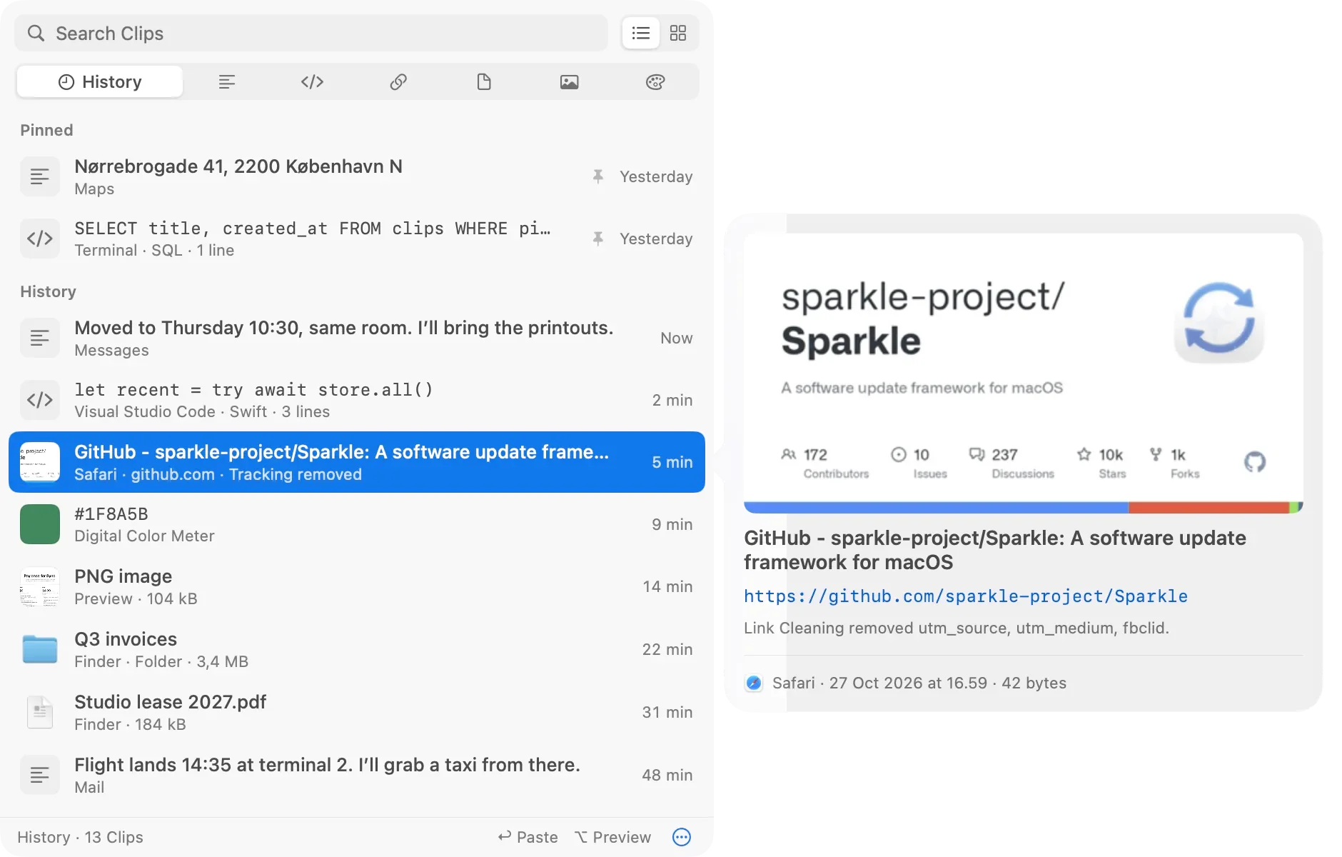 The CopyHop panel with Option held over a GitHub link: the preview shows the page image, its title, the clean URL and the tracking parameters Link Cleaning removed.