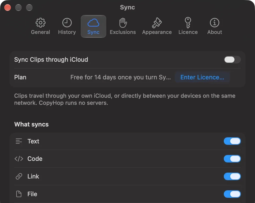 CopyHop’s Sync settings on the Mac: the iCloud switch, the plan, and a switch for each Category under What syncs.