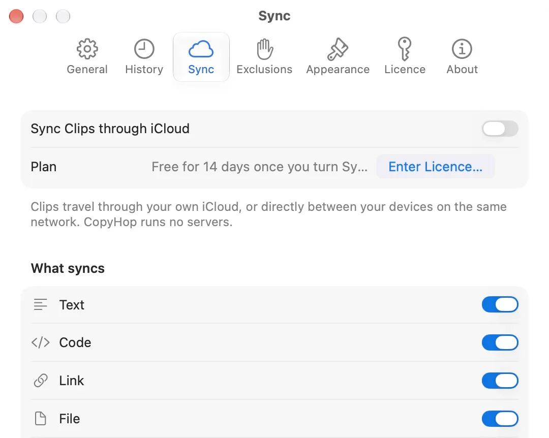 CopyHop’s Sync settings on the Mac: the iCloud switch, the plan, and a switch for each Category under What syncs.